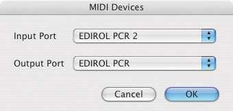 3 V PCR Editoru zvolte [Options]-[MIDI Devices]. 4 V dialogu MIDI zařízení, nastavte MIDI zařízení podle obrázku. 5 Kliknutím na [OK] zavřete dialogový box.