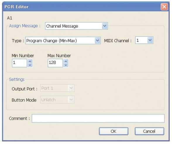 Použití PCR Editoru Channel Message Program Change (Min-Max) [Cn pp] Přiřadí zprávu Program Change (s proměnným číslem programu).