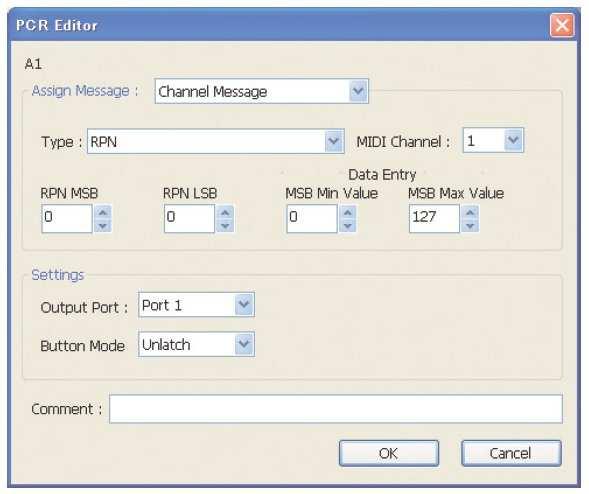Použití Editoru PCR Channel Message Program Change Inc Přiřadí funkci Program Change Increment (PC INC) Vyšle číslo Program Change, o jedna vyšší, než je číslo Program Change naposledy odeslané v