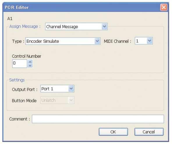 Použití Editoru PCR Channel Message Encoder Simulate [Bn cc 41] [Bn cc 01] Přiřadí funkci, která simuluje rotary enkodér.