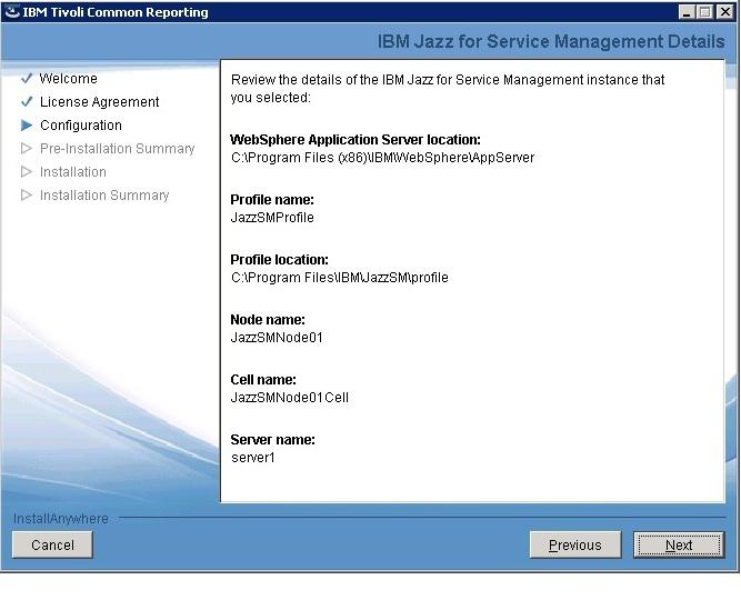 Obrázek 22. Podrobnosti instalace produktu Jazz for Serice Management 7.