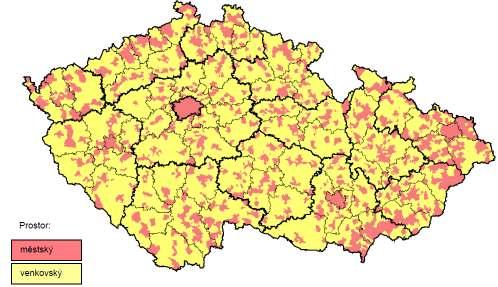 Obrázek č. 2: Vymezení venkovského a městského prostoru v ČR dle první varianty Českého statistického úřadu Zdroj: Czso.cz, 2008 V práci jsou zmíněny také pojmy obec a vesnice.