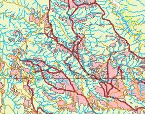 Část 3 Vojenská zeměpisná služba v letech 1993 2018 Vizualizace polohopisu v rámci projektu MGCP v prostředí ArcMap (modře říční síť, červeně pozemní komunikace, růžově obdělávaná půda, hnědě pěšiny