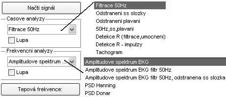 Do frekvenčních analýz je zařazeno amplitudové spektrum signálu ekg, amplitudové spektrum signálu ekg po filtraci stejnosměrné složky, po filtraci síťového rušení, výkonová spektra variability