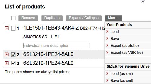 DT konfigurátor možnosti seznamu produktů (List of products) Vymazání vybrané položky Kopírování vybrané položky Rozložení nebo složení vybrané položky na komponenty Další funkce: Nahrání komponentů