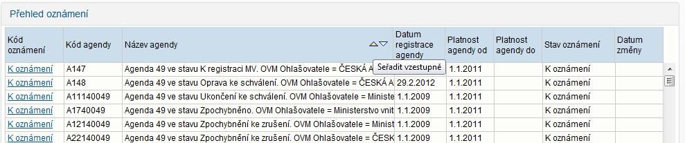 Přehled oznámení/ působností možnosti tabulky přehledu Setřídění tabulky podle sloupce po najetí myši na šipky Posuvná lišta