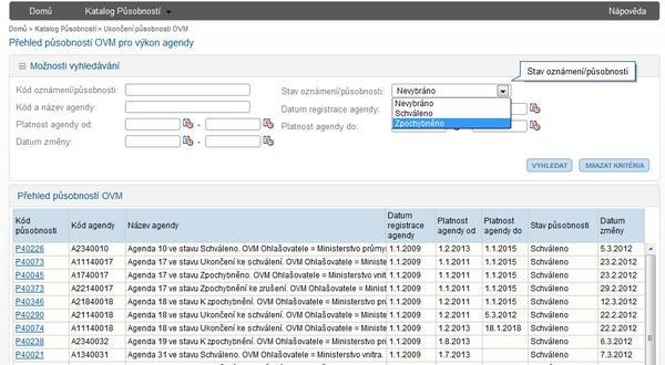 Ukončení působnosti OVM Přehled zobrazeny pouze stavy Schváleno a Zpochybněno záznamy v tabulce lze vybírat hned nebo