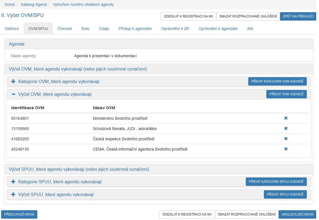 OVM/SPUU Na záložce II. Výčet OVM/SPUU detailu ohlášení agendy/agendy jsou definovány OVM, kategorie OVM, SPUU a kategorie SPUU, které budou agendu vykonávat nebo vykonávají. Obrazovka II.