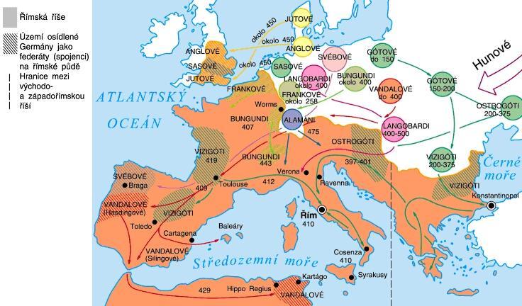 Stěhování národů Jako stěhování národů se označují velké kmenové posuny ve 4. a 5. století, které měly dalekosáhlé důsledky. Byly přímou příčinou zániku západořímské říše.