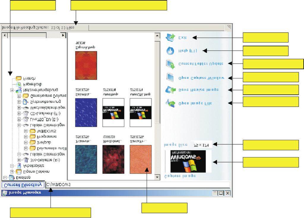 Program zobrazuje náhledy všech grafických souborù (BMP) v adresáøi. Vybraný obrázek lze oøíznout, pøiblí it èi oddálit (zoom). Program dále umo òuje zmìnu velikosti editovaného i pùvodního obrázku.