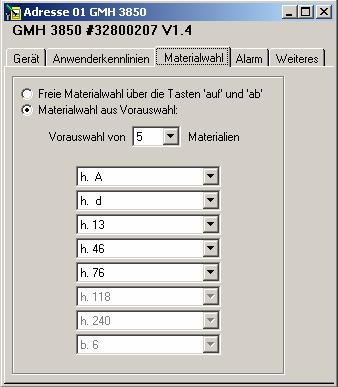 G17.0.01.6B-02 Návod k obsluze GMHKonfig strana 7 z 7 2.4.3 Registr Volba materiálu : Při volbě materiálu můžete volit mezi 2 možnostmi.