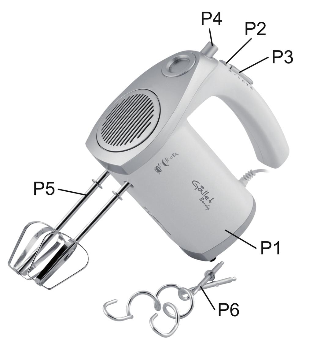 EN Description of the controls P1 P2 P3 P4 P5 P6 Hand Mixer Turbo Button Speed setting Eject Button Egg Beaters Dough Hooks Using the appliance Remove all packaging All accessories of the appliance