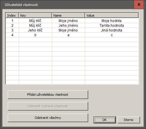 Dialog ukazuje čtyři pole: Číslo (Index), Klíč (Key), Jméno (Name) a Hodnota (Value). Číslo (Index) je pořadové číslo, které je automaticky přidáno každé uživatelské vlastnosti.