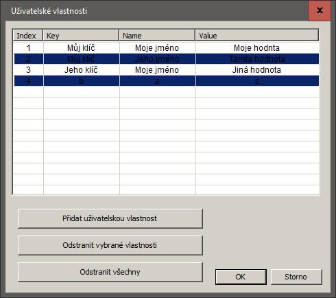 Jednu uživatelskou vlastnost lze vybrat kliknutím levého tlačítka myši na určitý řádek.