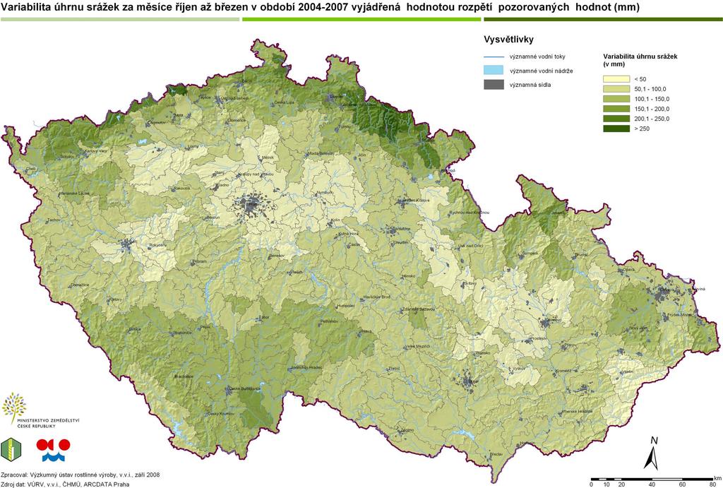 Obr. 11: Variabilita úhrnu srážek v období říjen až březen pozorovaná