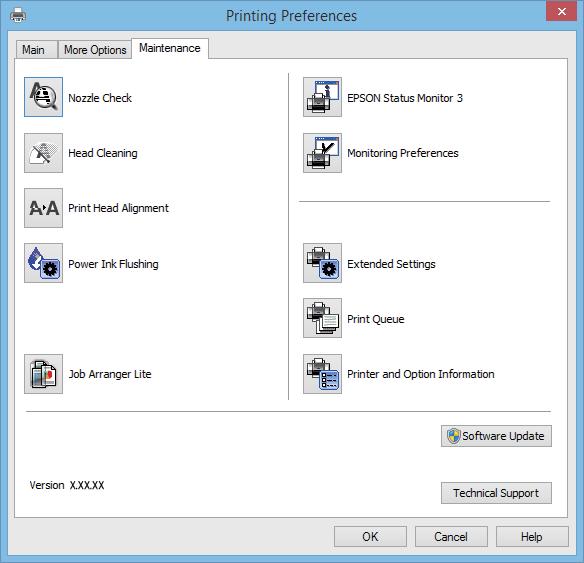 Informace o aplikaci Karta Údržba Můžete používat funkce údržby, například kontrolu trysek a čištění tiskové hlavy a spuštěním aplikace EPSON Status Monitor 3 můžete zjistit stav tiskárny a informace