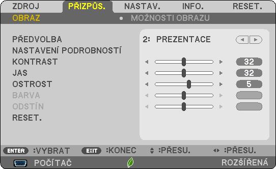 4. Použití nabídky na obrazovce (On-Screen Menu) Prvky nabídky Záložka Posuvník Značka trojúhelníku Dostupná tlačítka Zvýraznění Zdroj Přepínací tlačítko Symbol bezdrátové sítě Symbol úsporného