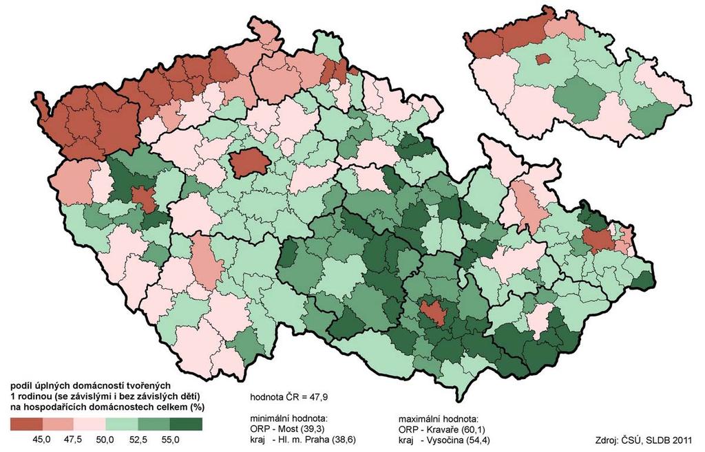 V Praze k datu SLDB 2011 bylo 223 695 úplných rodin a z toho 138 255 bez závislých dětí a 85 440 se závislými dětmi.