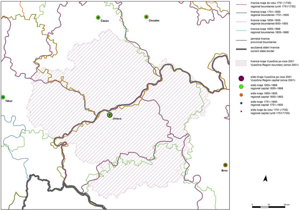 Mapa 41 Vývoj krajského členění na území dnešního kraje Vysočina od 18. století do poloviny 19.