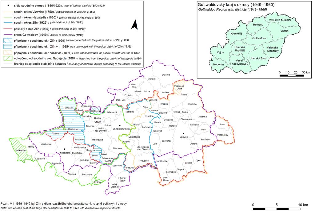 Mapa 53 Správní vývoj na Zlínsku 1850 až 1960 Zdroj: Chodějovská a kol.