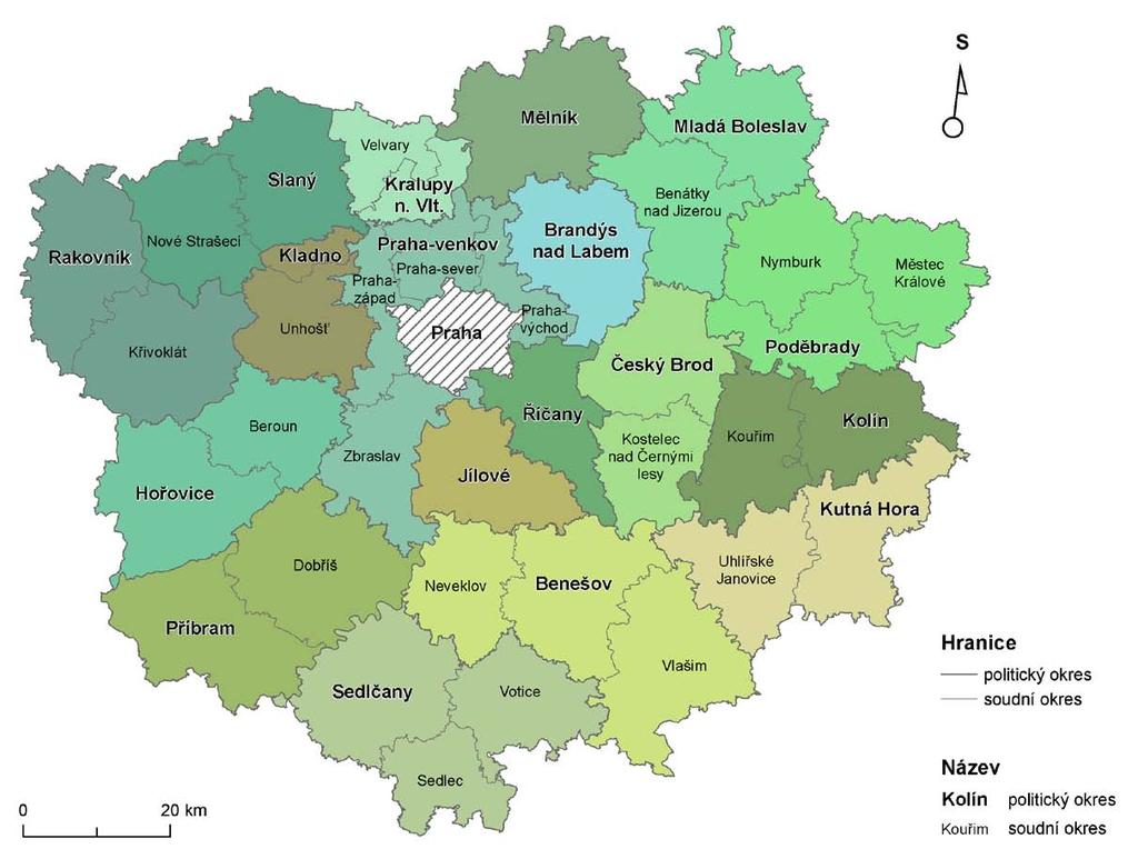 Mapa 12 Území Středočeského kraje: stav administrativních hranic k roku 1930 Zdroj: