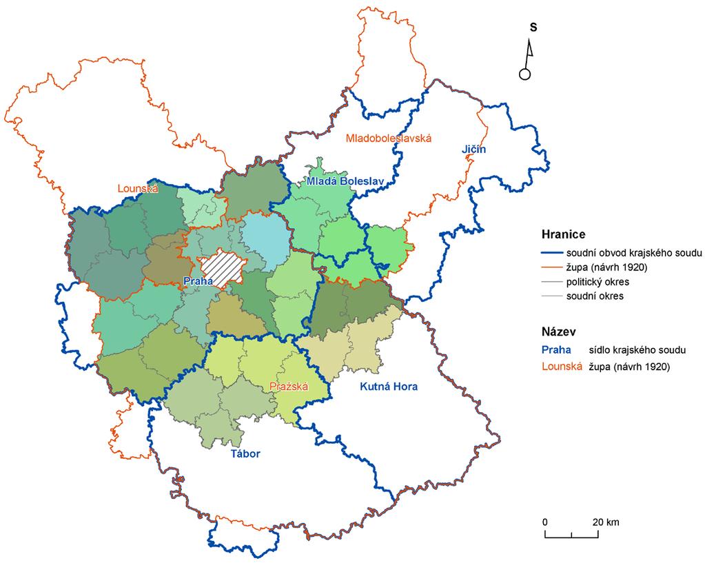 Mapa 13 Území Středočeského kraje: stav administrativních hranic k roku 1930 (se zákresem župního zřízení a obvodů