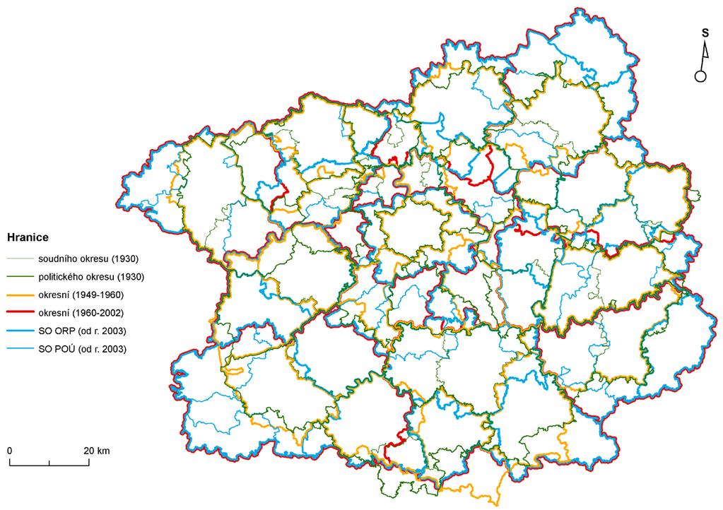 Mapa 15 Časový průřez okresních hranic ve středních Čechách mezi lety 1930 2012 Zdroj: