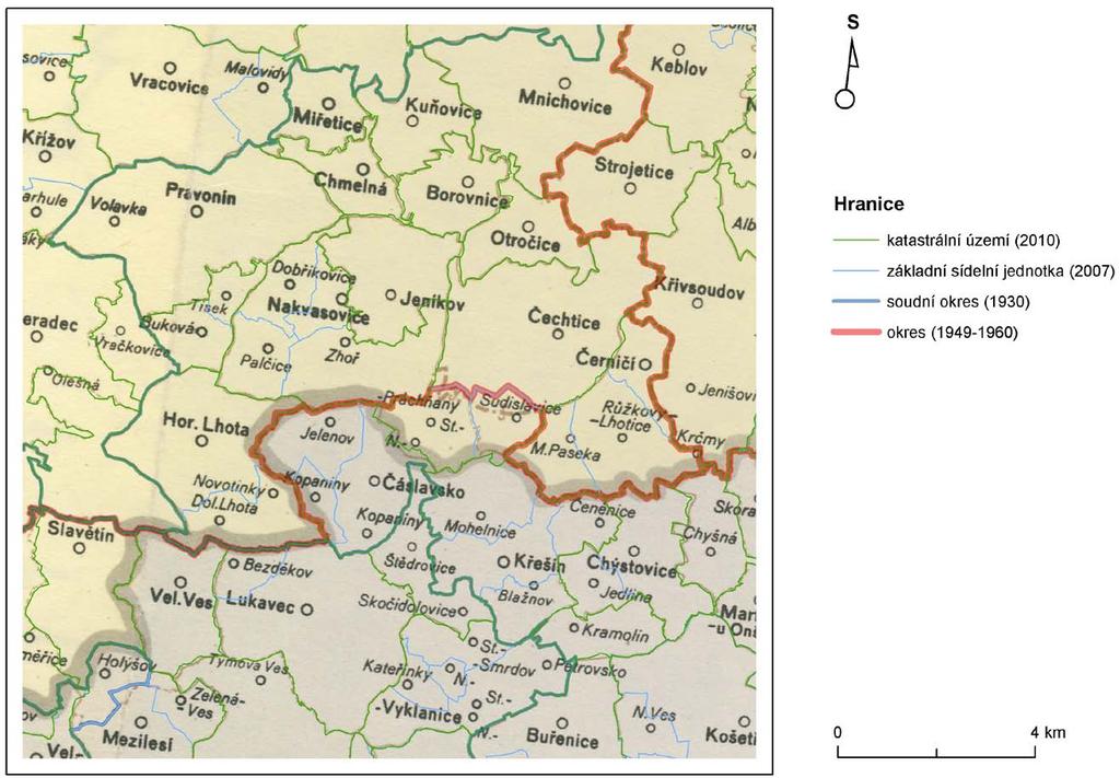 Obrázek 1 Ukázka postupu vymezení historických hranic správních regionů: okolí Čechtic (možnost využití mapové vrstvy základních sídelních jednotek)