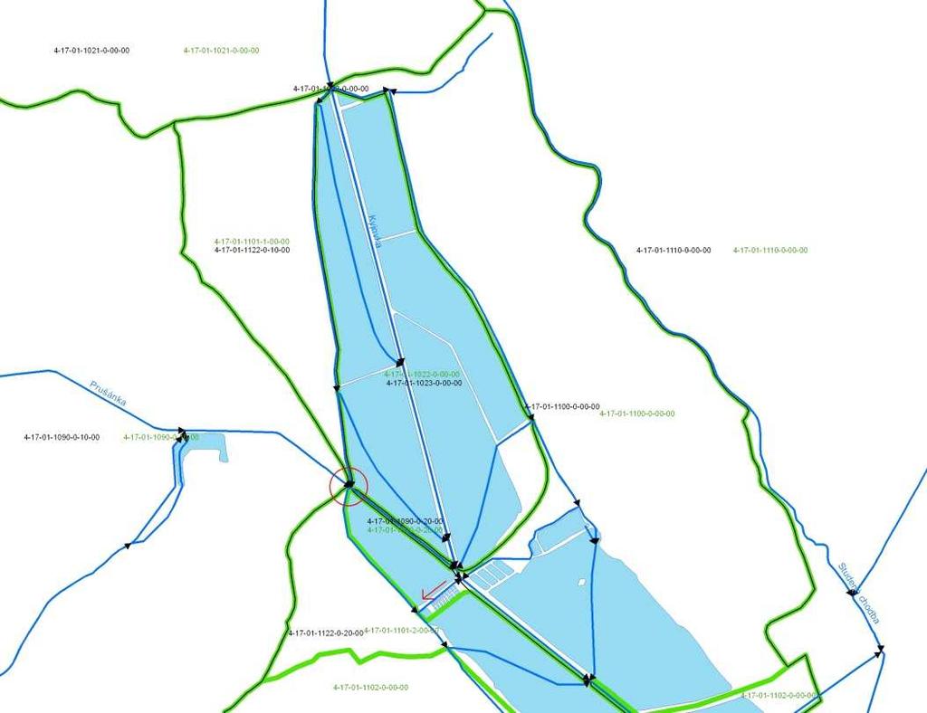 Fig. 2. Old (black line) and repaired (green line) watershed in place, where watershed crosses river stream Bílá voda.