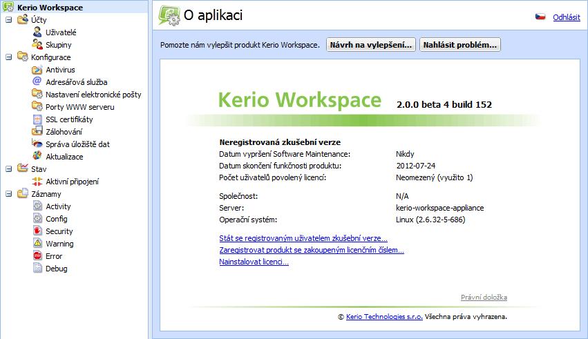 Kapitola 4 Administrace Kerio Workspace 1. Do prohlížeče zadejte https://jmeno.serveru/admin. Zobrazí se přihlašovací stránka. 2.