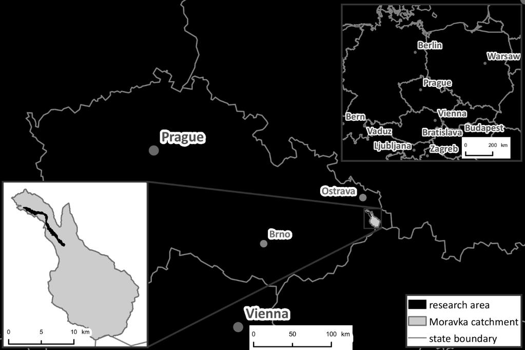 Obrázek 1: Zájmové území v povodí Morávky. Řeka Morávka odvodňuje severozápadní část Moravskoslezských Beskyd náležejících k flyšovému pásmu Vnějších Západních Karpat (Chlupáč, 2002).