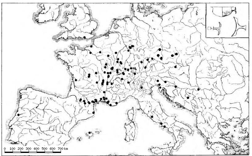 Mapa 3. Rozšíření bronzových cedníků v Evropě. Zmíněný praţský klasický archeolog (Kysela 2011, 168) rovněţ zjistil, ţe nálezy cedníků ve střední Evropě kopírují tzv.
