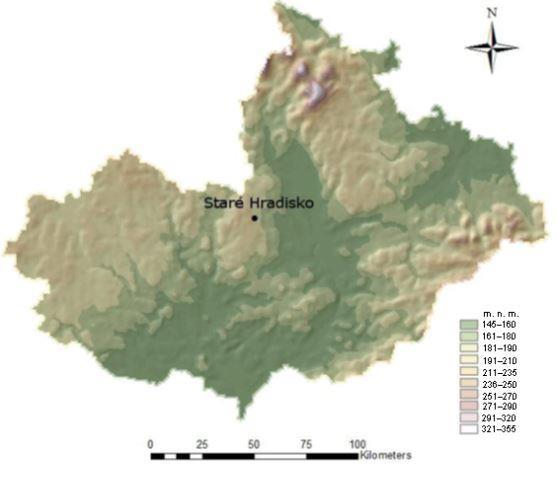 2. Stručné dějiny výzkumných prací na keltském oppidu Staré Hradisko a publikace výsledků výzkumů Obr. 1. Digitální model reliéfu Moravy s vyznačením polohy Starého Hradiska.