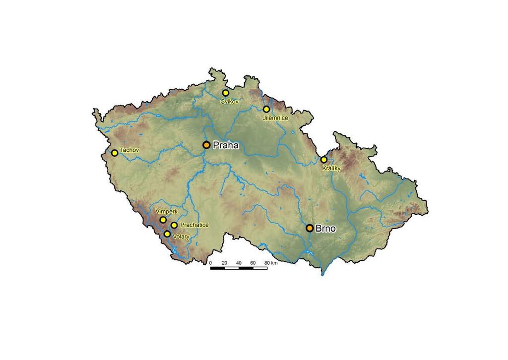 Mapa č 31 Výskyt vybraných perfluorovaných sloučenin (PFOA, PFOS, PFNA) v povrchové vodě z horních toků řek ovlivněných prvními sídly s čistírnami odpadních vod.