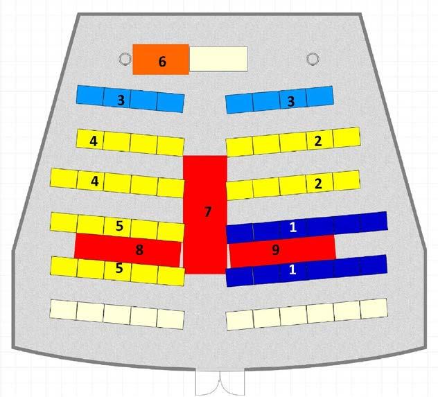 59 Schéma přednáškové místnosti s barevnou koncentrační škálou ΣNFRs ve vzorcích prachu vyjádřené v ng/m vzorkované plochy.