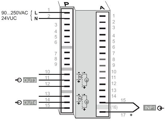 Úroveň konfigurace 4.5.8 KS 90-1 s analogovým výstupem regulované veličiny Konfigurace: ConF / Out.3 / 4: O.tyP = 1 0...20 ma = 2 4...20 ma = 3 0...10 V = 4 2...10 V Out.0 = -1999.