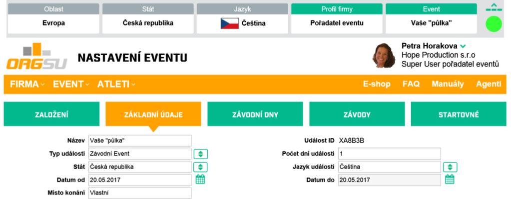 Průvodce založení eventu tak nabízí jednu stránku obecných vlastností eventu, jednu stránku zadání a definice závodních dní a potom stránku podrobností o každém závodu.