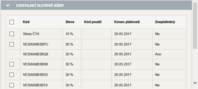 Tabulka kódů tak bude v administraci ORGSU finálně vypadat takto: Slevové kódy systém uplatňuje postupně tak, jak budou závodníkem zadány.