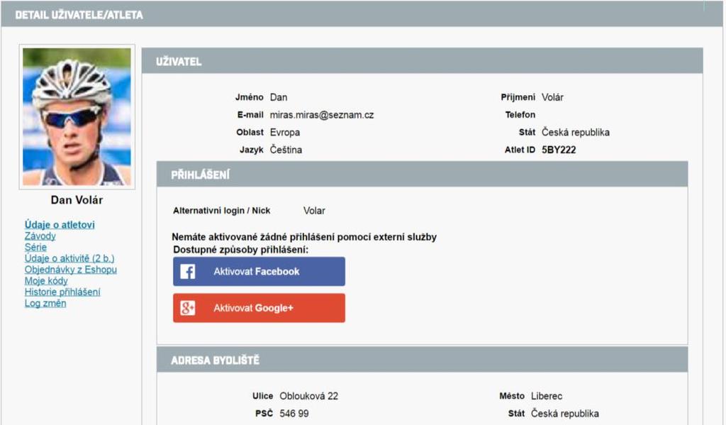Přejdeme-li na www stránce partnera na záložku Kalendář závodů, pak je vidět vpravo nahoře informaci o přihlášeném uživateli.