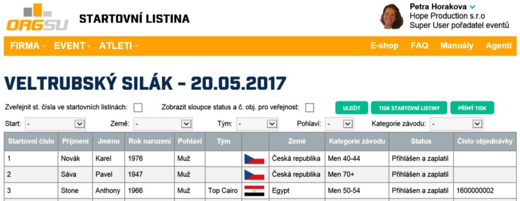 Startovní listiny na www partnerů Pokud pořadatel závodu v tabulce obchodní dohody povolil partnerovi, aby se pro návštěvníky jeho www stránek zobrazovala startoní