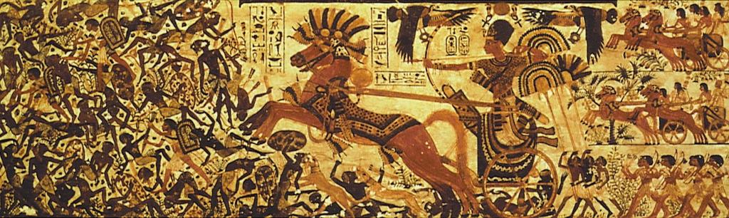 10. Král Tutanchamon na válečném voze porážející Núbijce.