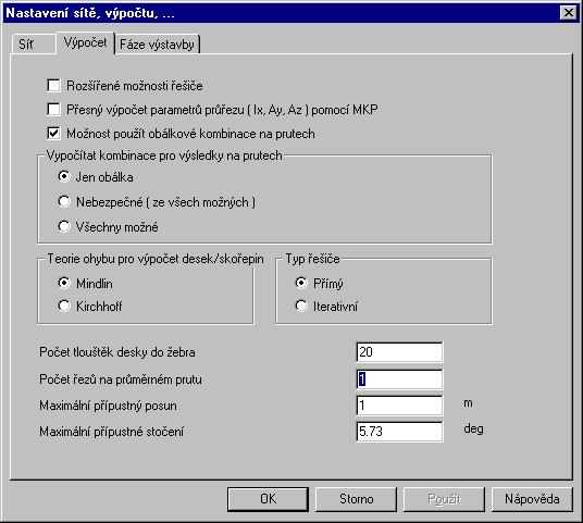 Obr. 3 - Nastavení sítě, výpočtu,... - karta Výpočet V dialogu Nastavení > Výpočet, síť v kartě Fáze výstavby (viz Obr.