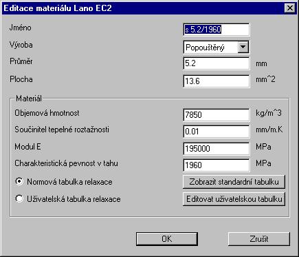 19 - Dialog pro zadání a editaci materiálových charakteristik lana. Po kliknutí na [Editovat uživatelskou tabulku] se zobrazí dialog Uživatelská tabulka relaxace, viz Obr. 20.