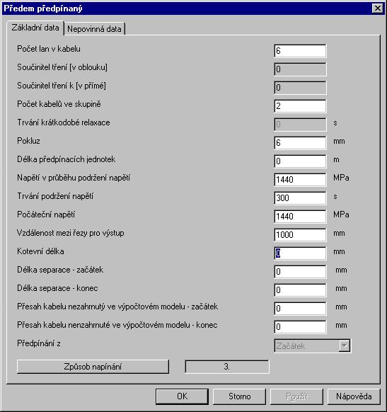 3.3.1.4.Vlastnosti předem předpínaného kabelu Dialog Předem předpínaný se používá pro definici obecných vlastností a způsobu napínání vybraného předem předpínaného kabelu. Obr.