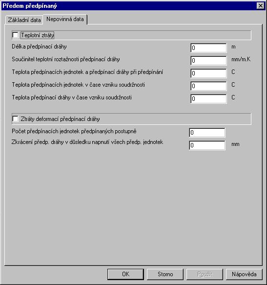 Obr. 36 - Obecné vlastnosti předem předpínaného kabelu, nepovinná data Volba Teplotní ztráty indikuje, zda budou ve výpočtu zohledněny ztráty způsobené rozdílem teplot předpínací výztuže a předpínací