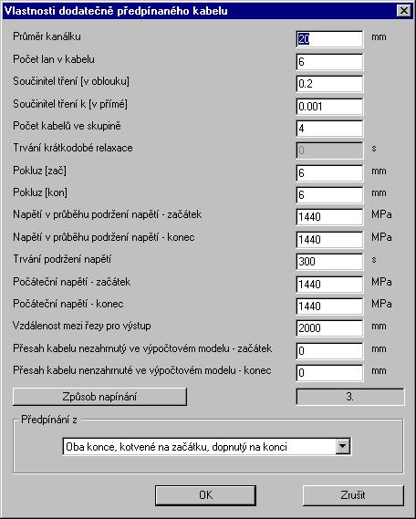 předpínaného kabelu slouží k definici obecných vlastností a způsobu