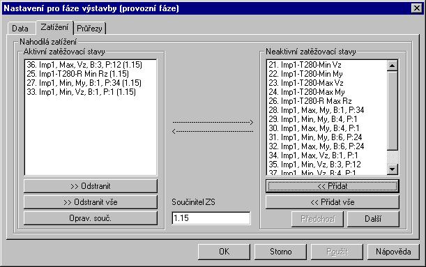 4.2.2. NASTAVENÍ PRO FÁZE VÝSTAVBY (PROVOZNÍ FÁZE) ZATÍŽENÍ V dialogu Nastavení pro fáze výstavby (provozní fáze) v kartě Zatížení lze do aktuální fáze přidat nahodilé zatížení (okamžité a krátkodobé).