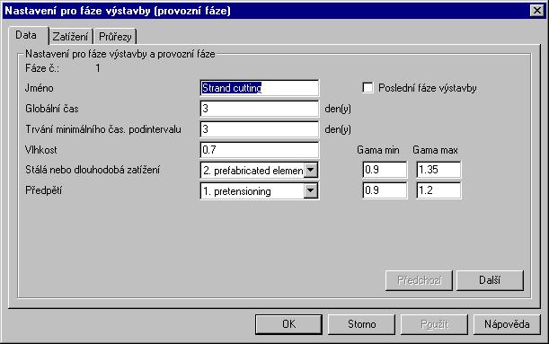 Obr. 76 - Nastavení fáze výstavby 1 Obr. 77 - Historie makra prefabrikované nosníky Druhou ze zmíněných vlastností je způsob modelování dobetonovávaných spár v TDA.