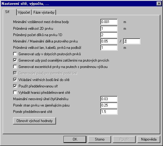 TDA klade také zvláštní požadavky na síť konečných prvků a nastavení výpočtu. Nastavení se spouští kliknutím na Nastavení > Výpočet, síť. V kartě Síť (viz Obr.