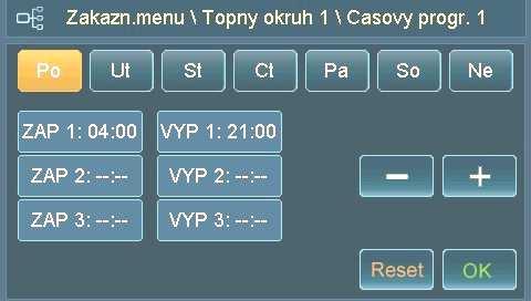 7.2 DOBA TOPENÍ NAPROGRAMOVAT BIO-VARIO-01 Pro každý topný okruh lze na každý den naprogramovat až tři časy sepnutí ZAP / VYP.